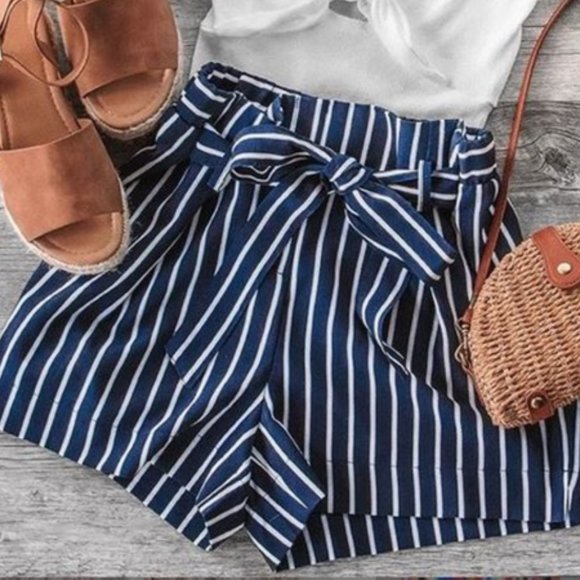 MODA ME COUTURE Pants - SHORTS striped tie pockets ladies womens summer